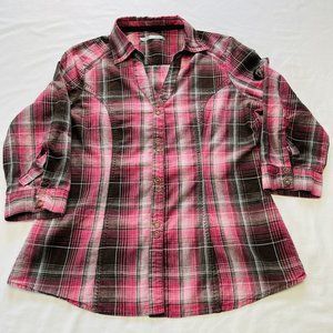 Maunces Women's Snap Front 100% Cotton Flannel Sleeve hold ups Shirt Size Large